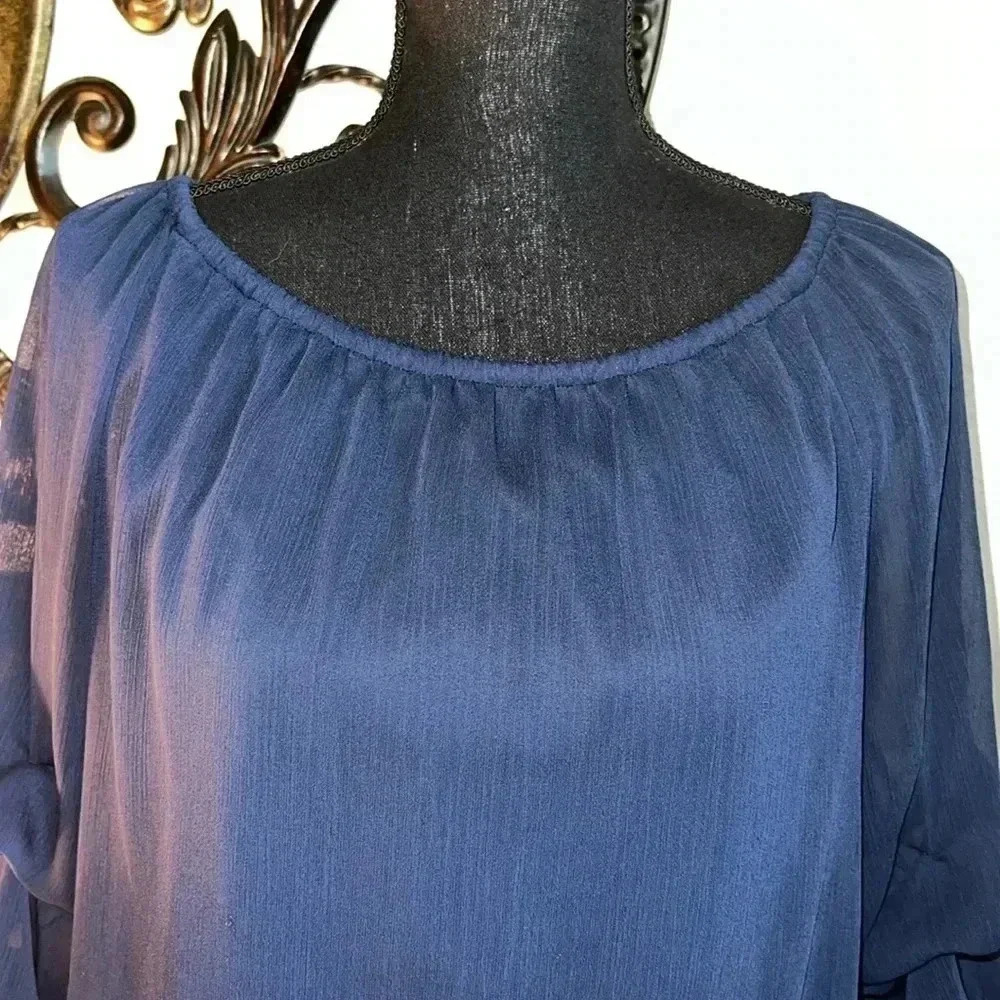 CeCe Women’s Navy Blue Off the Shoulder Bubble 3/4 Sleeve Tie at Waist Blouse M - Picture 5 of 16